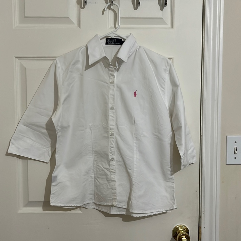 Ralph Lauren Polo Button Down‎ Blouse White with Pink logo